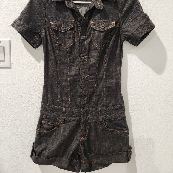 Vintage Y2K Guess Jeans XS/TP Dark Wash Denim Button Front Short Jumpsuit - Picture 6 of 7